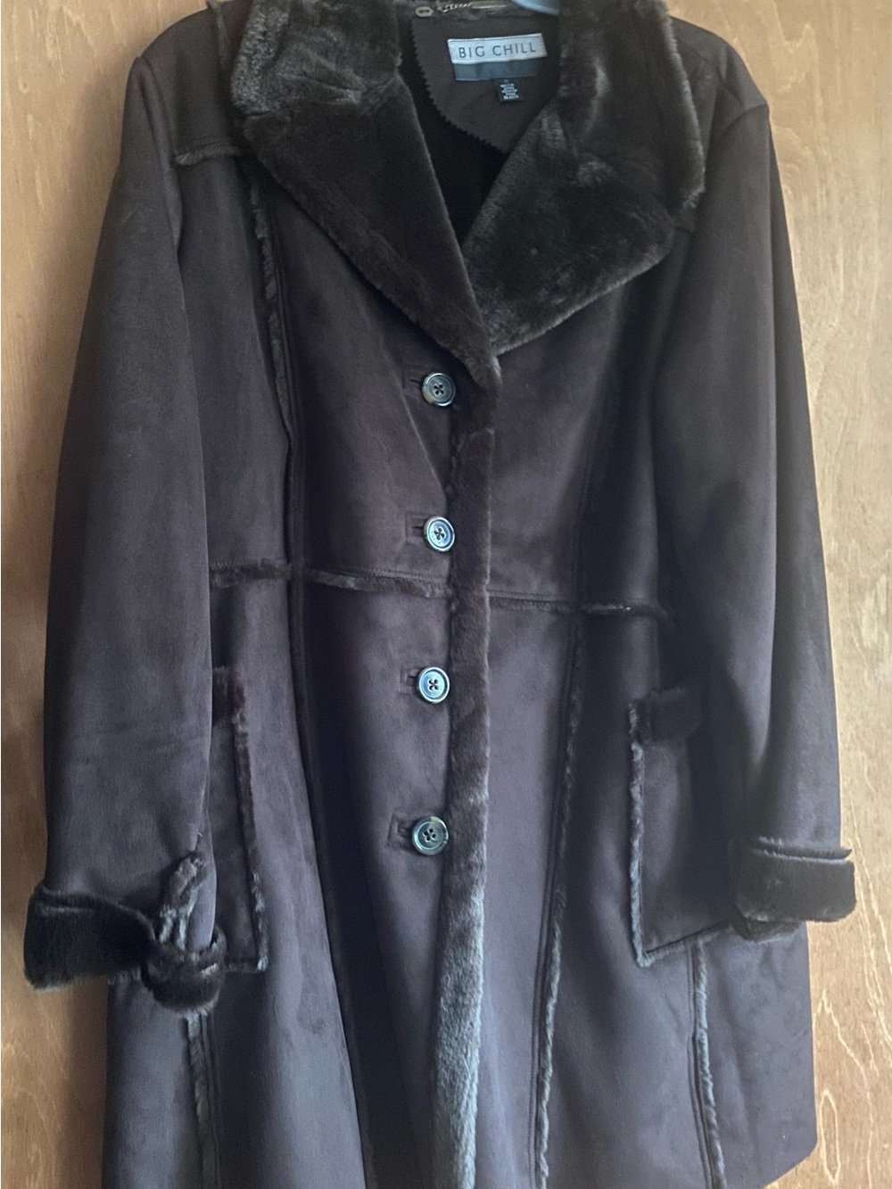 Big Chill Women's Dark Brown Patchwork Faux Shearling Trench Coat - Vintage
